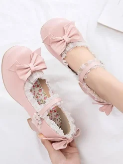 Sweet Lolita Footwear Pink Bows Escarpins en cuir Synthétique à gros talons Lolita Déguisements Halloween