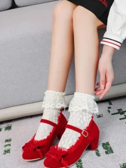 Sweet Lolita Footwear Pink Ruffles Bows Round Toe Suede Nap Lolita Shoes Déguisements Halloween