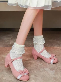 Sweet Lolita Footwear Pink Ruffles Bows Round Toe Suede Nap Lolita Shoes Déguisements Halloween