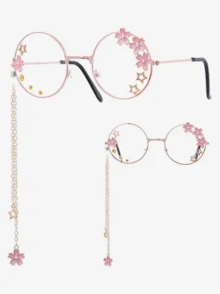 Sweet Lolita Glasses Pink Chains Flowers Stars Lunettes de soleil à monture ronde