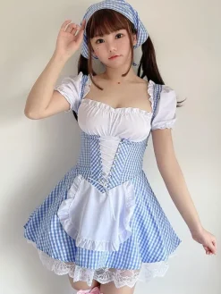Sweet Lolita OP Dress Baby Blue Lace Up Plaid Ruffle Maid Lolita One Piece Dresses