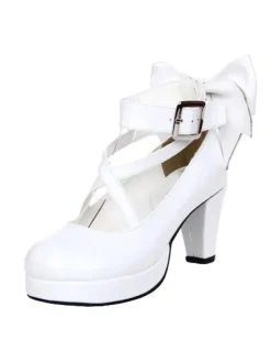 Talons hauts Chunky blanc Lolita Chaussures cheville sangle Bow Decor Déguisements Halloween