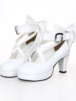 Talons hauts Chunky blanc Lolita Chaussures cheville sangle Bow Decor Déguisements Halloween