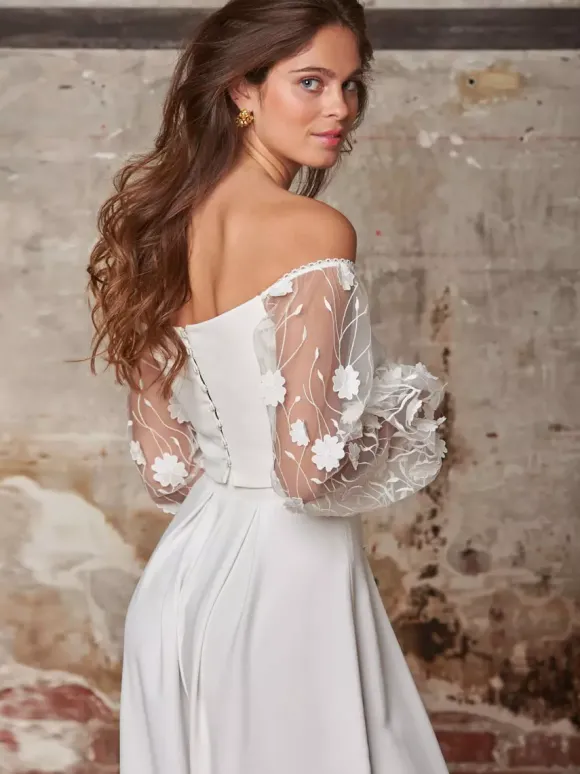 Tenue de mariage 2 pièces pour mariée Top manche longue en dentelle Pantalon droite