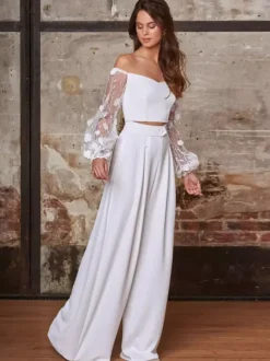 Tenue de mariage 2 pièces pour mariée Top manche longue en dentelle Pantalon droite