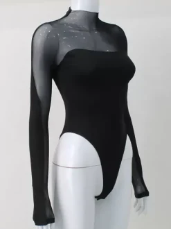 Tenue D'Été Body Une Pièce En Polyester À Manches Longues Col Top Noir