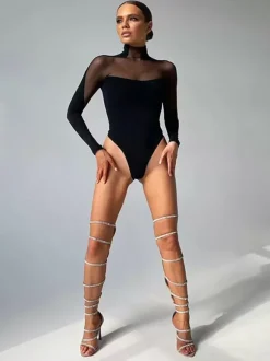 Tenue D'Été Body Une Pièce En Polyester À Manches Longues Col Top Noir