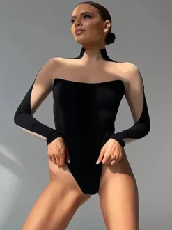 Tenue D'Été Body Une Pièce En Polyester À Manches Longues Col Top Noir