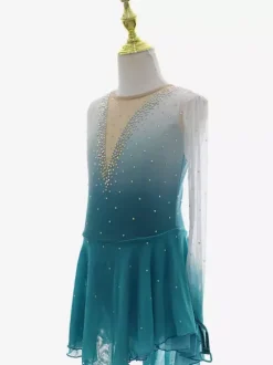Tenue élégante de patinage artistique robe de patinage à manches longues en maille perlée et strass.
