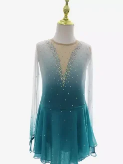 Tenue élégante de patinage artistique robe de patinage à manches longues en maille perlée et strass.
