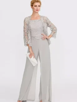 Tenue de mère de mariée 3 pièces combi-pantalon boléro gris claire