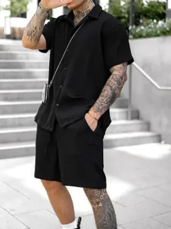 Tenue de Sport Homme 2 Pièces Manches Courtes Col Rabattu Rose