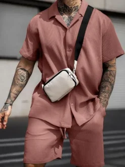 Tenue de Sport Homme 2 Pièces Manches Courtes Col Rabattu Rose