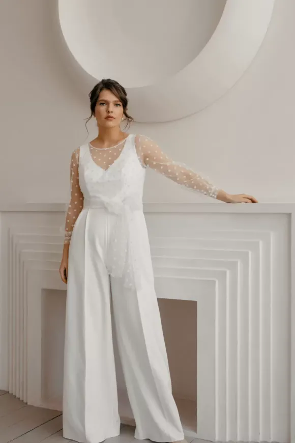Tenue mariage femme combinaison mariée col V manche longue transparent blanche