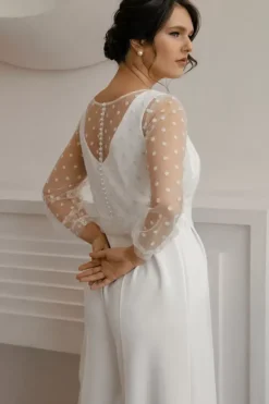 Tenue mariage femme combinaison mariée col V manche longue transparent blanche