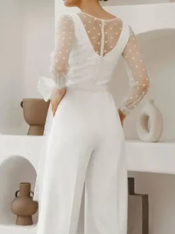 Tenue mariage femme combinaison mariée col V manche longue transparent blanche