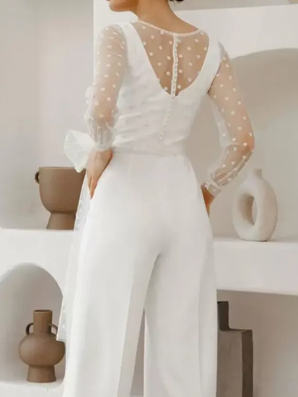Tenue mariage femme combinaison mariée col V manche longue transparent blanche