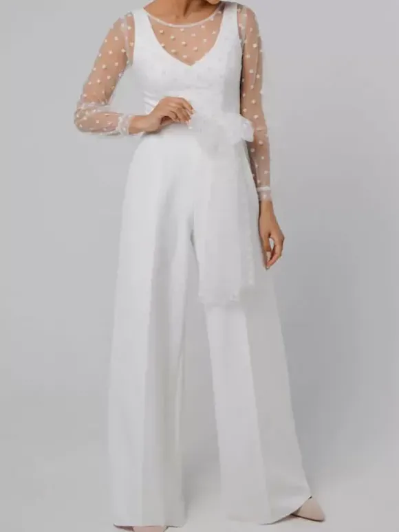 Tenue mariage femme combinaison mariée col V manche longue transparent blanche