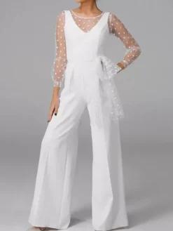 Tenue mariage femme combinaison mariée col V manche longue transparent blanche