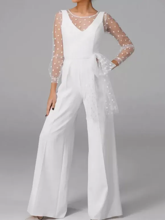 Tenue mariage femme combinaison mariée col V manche longue transparent blanche