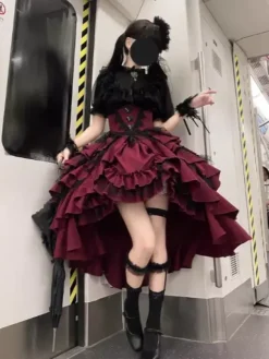 Tenues gothiques Lolita en dentelle noire à volants et à volants en jacquard col orné chemisier à manches courtes et jupe pour soirée thé