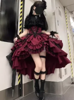 Tenues gothiques Lolita en dentelle noire à volants et à volants en jacquard col orné chemisier à manches courtes et jupe pour soirée thé