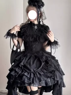 Tenues gothiques Lolita en dentelle noire à volants et à volants en jacquard col orné chemisier à manches courtes et jupe pour soirée thé