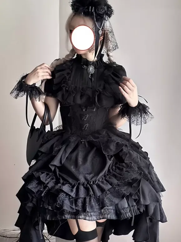 Tenues gothiques Lolita en dentelle noire à volants et à volants en jacquard col orné chemisier à manches courtes et jupe pour soirée thé