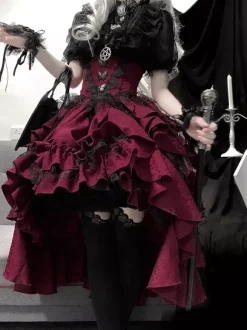 Tenues gothiques Lolita en dentelle noire à volants et à volants en jacquard col orné chemisier à manches courtes et jupe pour soirée thé