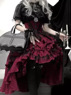 Tenues gothiques Lolita en dentelle noire à volants et à volants en jacquard col orné chemisier à manches courtes et jupe pour soirée thé
