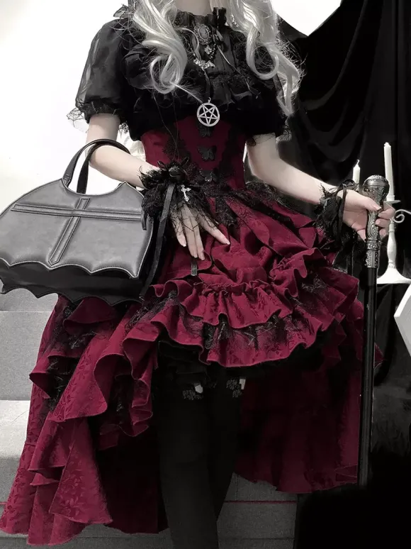 Tenues gothiques Lolita en dentelle noire à volants et à volants en jacquard col orné chemisier à manches courtes et jupe pour soirée thé
