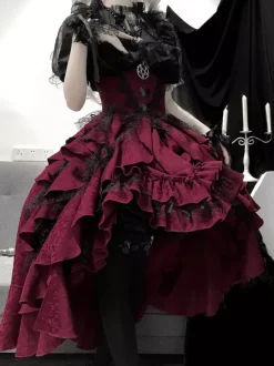 Tenues gothiques Lolita en dentelle noire à volants et à volants en jacquard col orné chemisier à manches courtes et jupe pour soirée thé