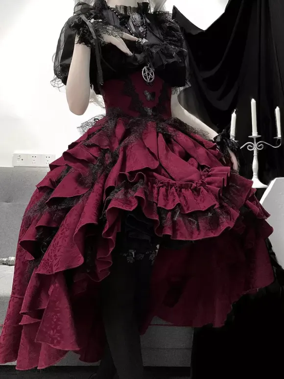 Tenues gothiques Lolita en dentelle noire à volants et à volants en jacquard col orné chemisier à manches courtes et jupe pour soirée thé