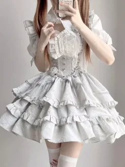 Tenues gothiques Lolita noires à lacets et volants en jacquard ensemble haut et jupe à manches courtes