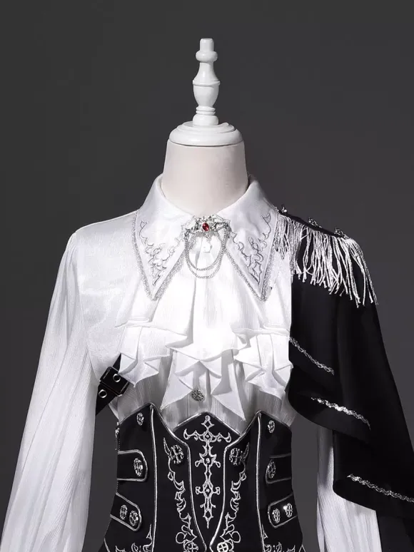 Tenues Ouji Lolita Gothique : cape à manches longues haut blanc ceinture noire et pantalon