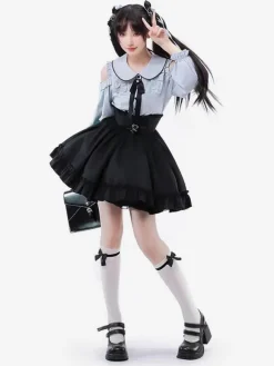 Tenues Steampunk Lolita bleu ciel clair volants à lacets manches longues jupe chemisier