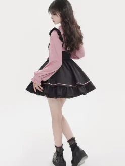Tenues Steampunk Lolita bleu ciel clair volants à lacets manches longues jupe chemisier
