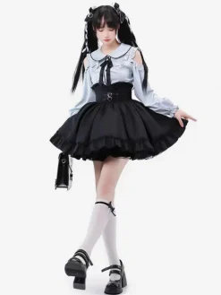 Tenues Steampunk Lolita bleu ciel clair volants à lacets manches longues jupe chemisier