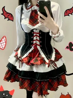 Tenues Steampunk Lolita Jupe à Manches Longues à Volants à Carreaux Rouges à Lacets