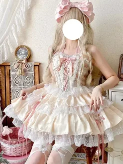 Tenues Sweet Lolita bleu ciel clair à lacets avec n艙uds en dentelle et imprimé floral ensemble haut sans manches et jupe