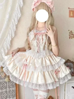 Tenues Sweet Lolita bleu ciel clair à lacets avec n艙uds en dentelle et imprimé floral ensemble haut sans manches et jupe