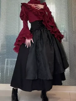Tenues gothiques Lolita en dentelle à volants chemisier à manches longues et jupe noire ensemble deux pièces