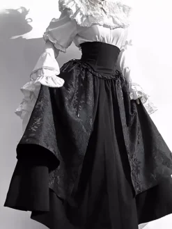 Tenues gothiques Lolita en dentelle à volants chemisier à manches longues et jupe noire ensemble deux pièces