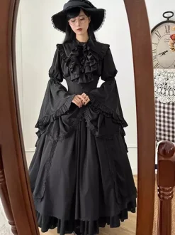 Tenues gothiques Lolita Volants noirs N艙uds Dentelle Manches longues Chemisier Jupe