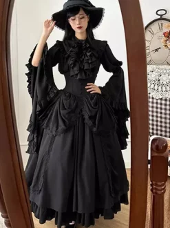 Tenues gothiques Lolita Volants noirs N艙uds Dentelle Manches longues Chemisier Jupe