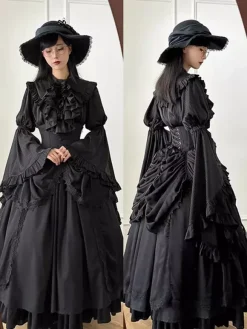 Tenues gothiques Lolita Volants noirs N艙uds Dentelle Manches longues Chemisier Jupe