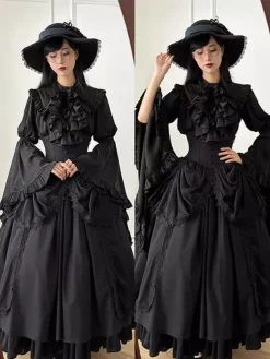 Tenues gothiques Lolita Volants noirs N艙uds Dentelle Manches longues Chemisier Jupe