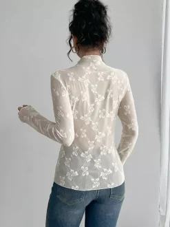 Top à manches longues en maille transparente avec n艙ud intégral jacquard pour femme 2026