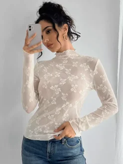 Top à manches longues en maille transparente avec n艙ud intégral jacquard pour femme 2026