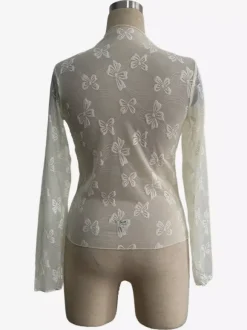 Top à manches longues en maille transparente avec n艙ud intégral jacquard pour femme 2026